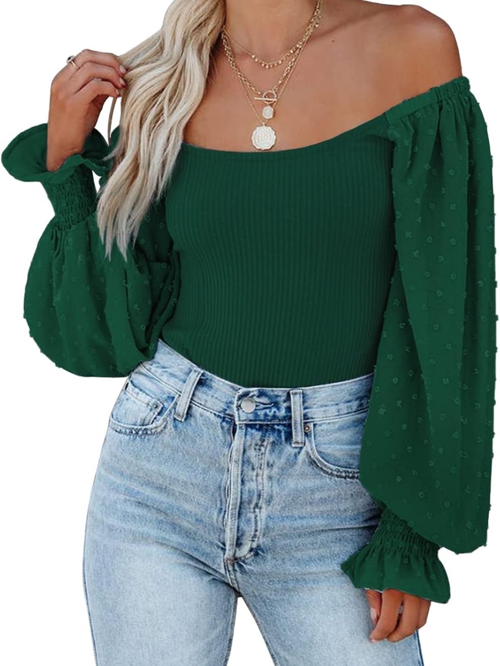 Women’s Off-Shoulder Emerald Green Ribbed Bodice Bodysuit